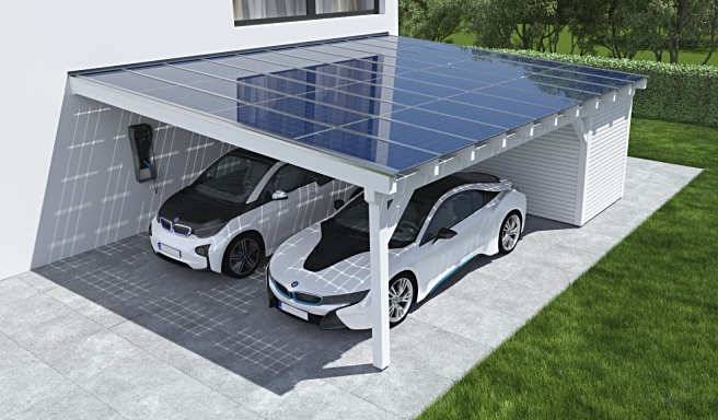 Doppelcarport Solar Anbau Leimholz klassisch mit Gerätehaus Rhombus