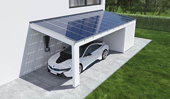 Solarcarport Anbau Leimholz modern mit Gerätehaus Rhombus