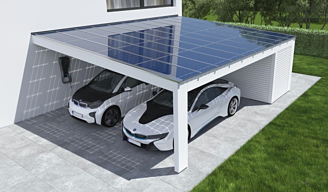 Doppelcarport Photovoltaik Anbau Leimholz modern mit Gerätehaus Rhombus