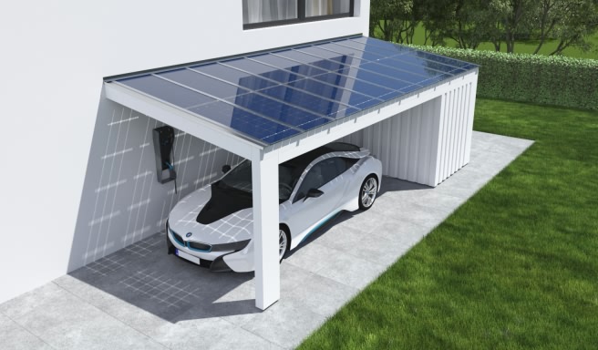 Solarcarport Anbau Leimholz modern mit Abstellraum BDS (Boden-Deckelschalung)