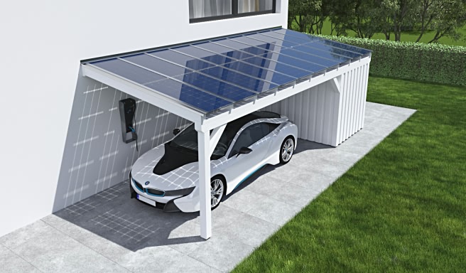 Solar Carport Anbau Leimholz klassisch mit Abstellraum BDS (Boden-Deckelschalung)
